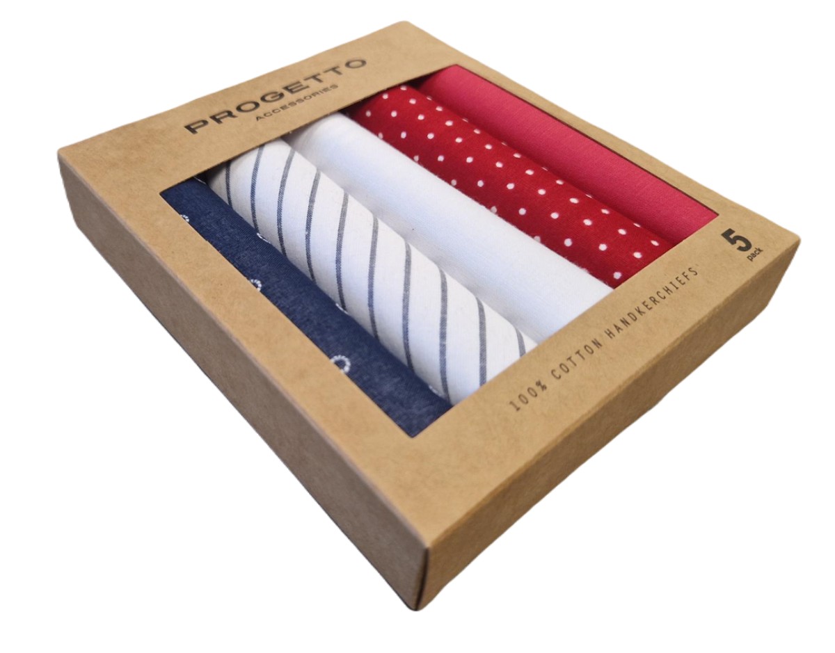 Handkerchiefs, red-white patterns variation, 5 pack, cotton