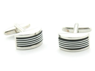 Manchetknopen | Gebogen rechthoek zwart-witte steen